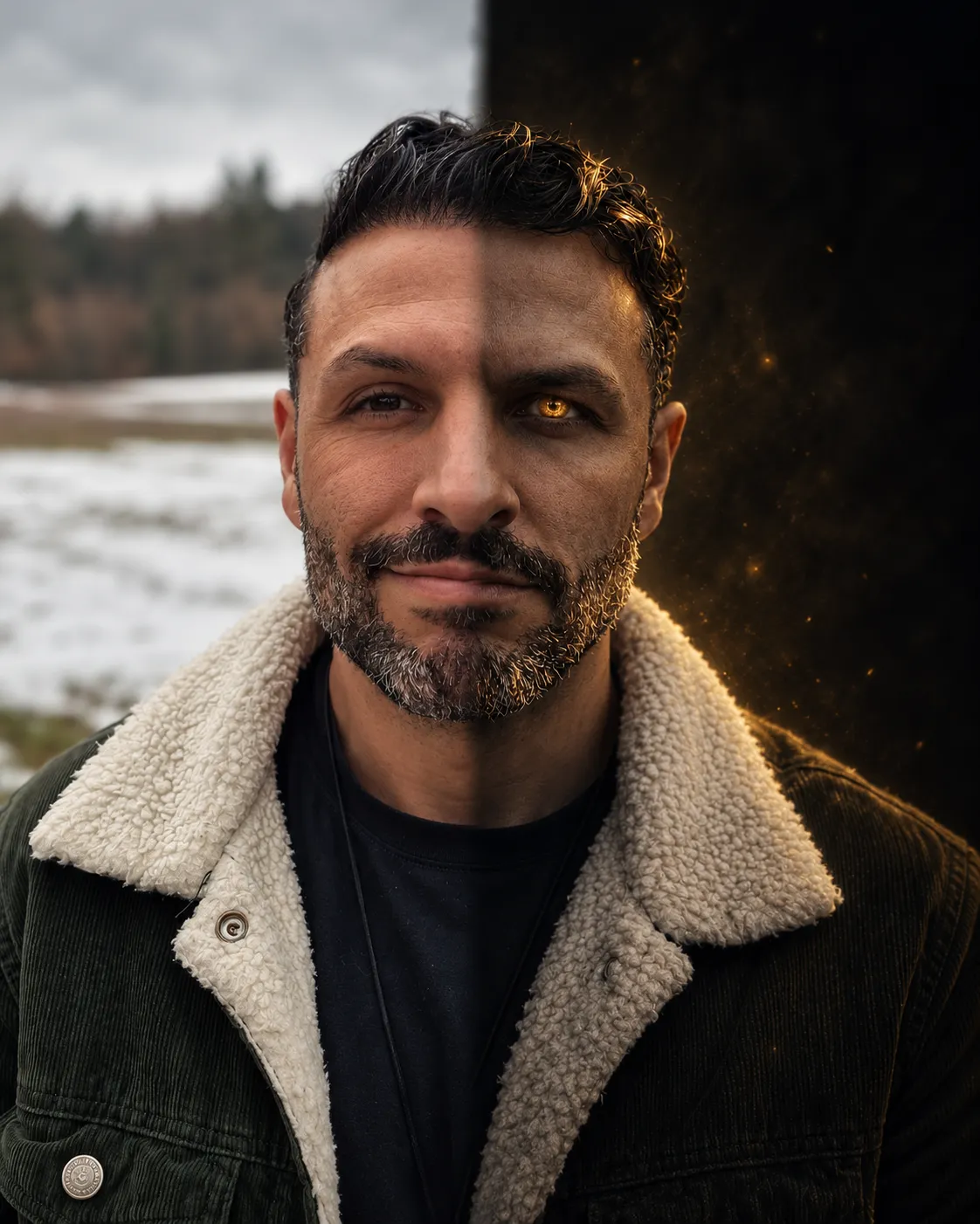 Artistic split portrait of the DarkBrain founder, natural on the left and dark with golden tones on the right